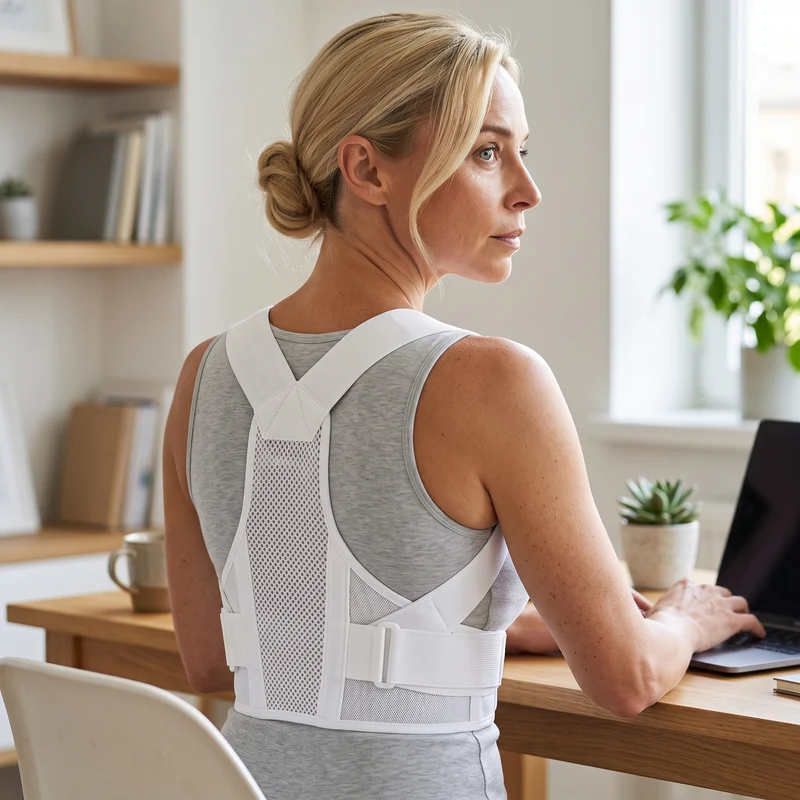 Correcteur de posture blanc respirant — discret sous les vêtements
