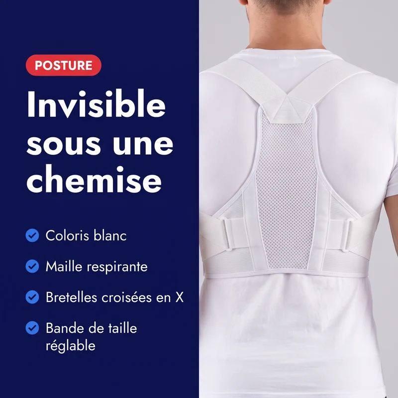 Correcteur de posture blanc respirant — discret sous les vêtements