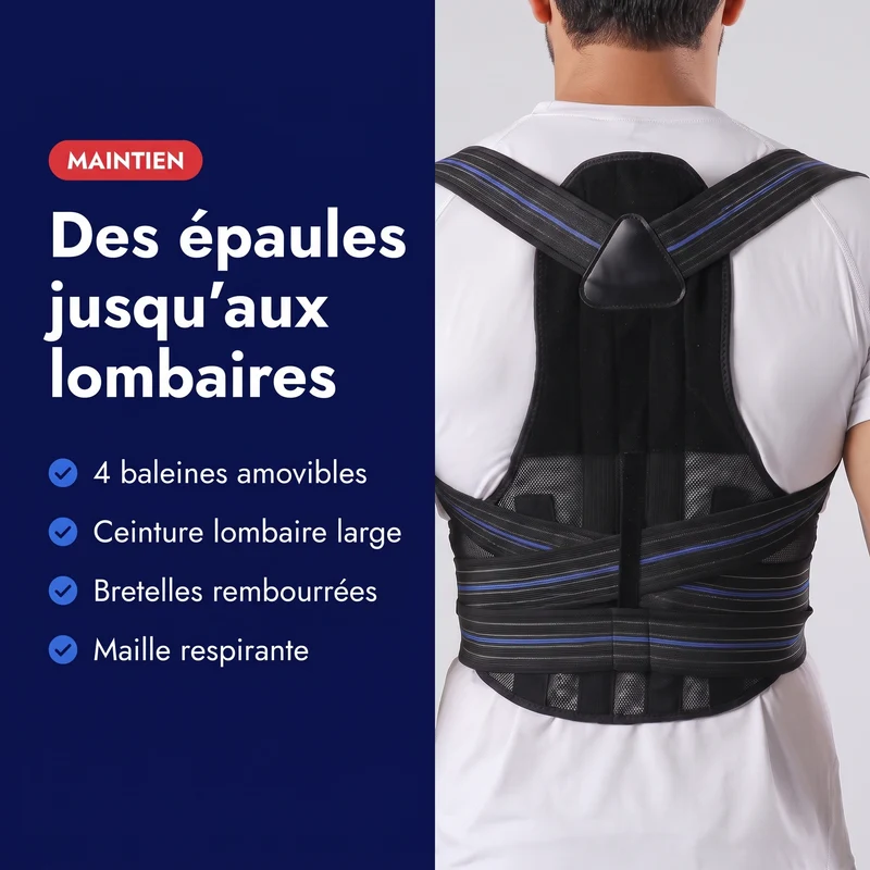 Correcteur de posture dos complet — ceinture et 4 baleines