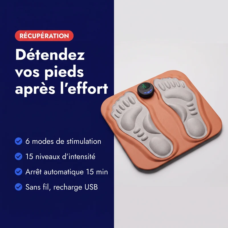 Tapis de massage pieds EMS — 6 modes, 15 niveaux d'intensité