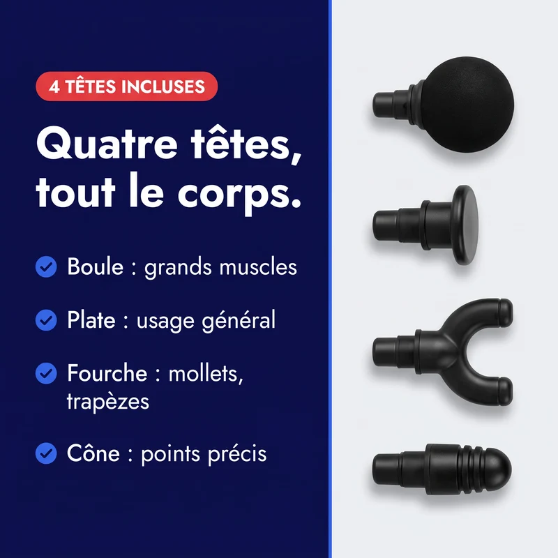 Mini pistolet de massage portable — 5 niveaux, 4 têtes
