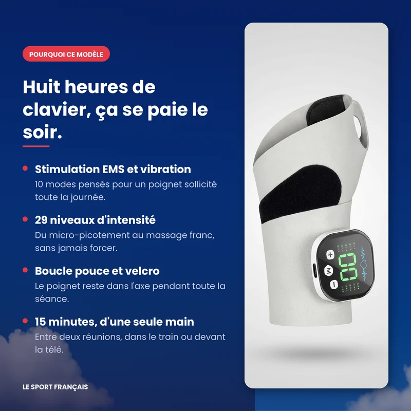 Masseur de poignet EMS sans fil — 10 modes, 29 intensités