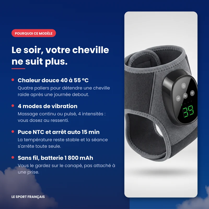 Masseur de cheville chauffant sans fil — 4 niveaux de chaleur & vibration