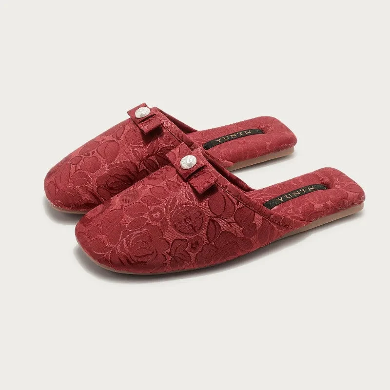 Chaussons femme mules perle et noeud
