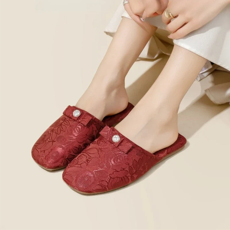 Chaussons femme mules perle et noeud