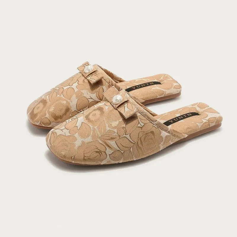 Chaussons femme mules perle et noeud