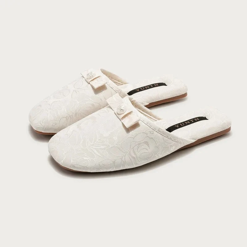 Chaussons femme mules perle et noeud