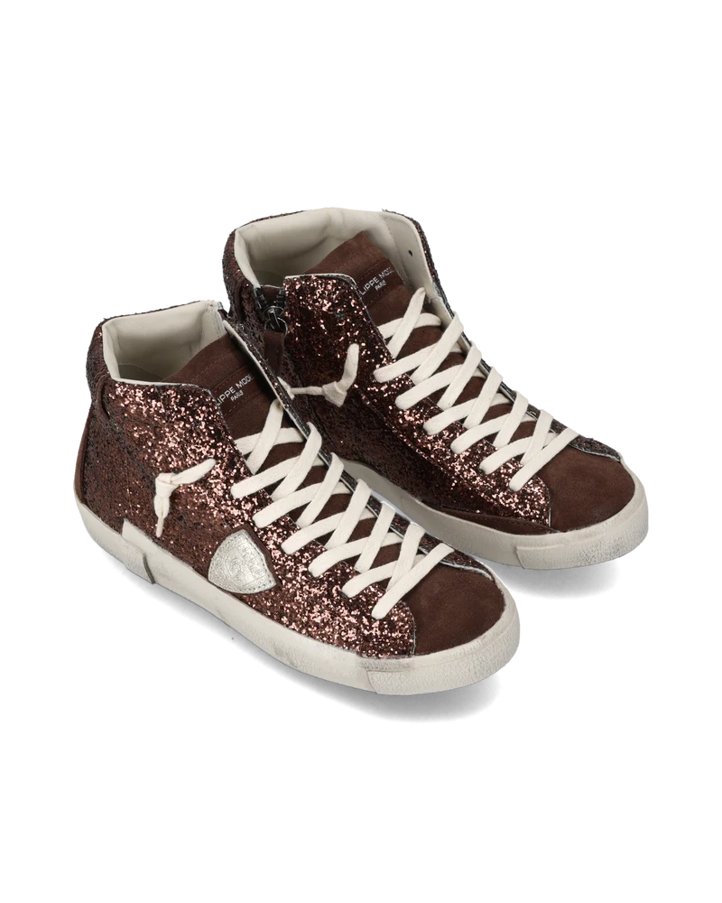 Sneakers Prsx High Women with Glitter Upper, Brown Platinum