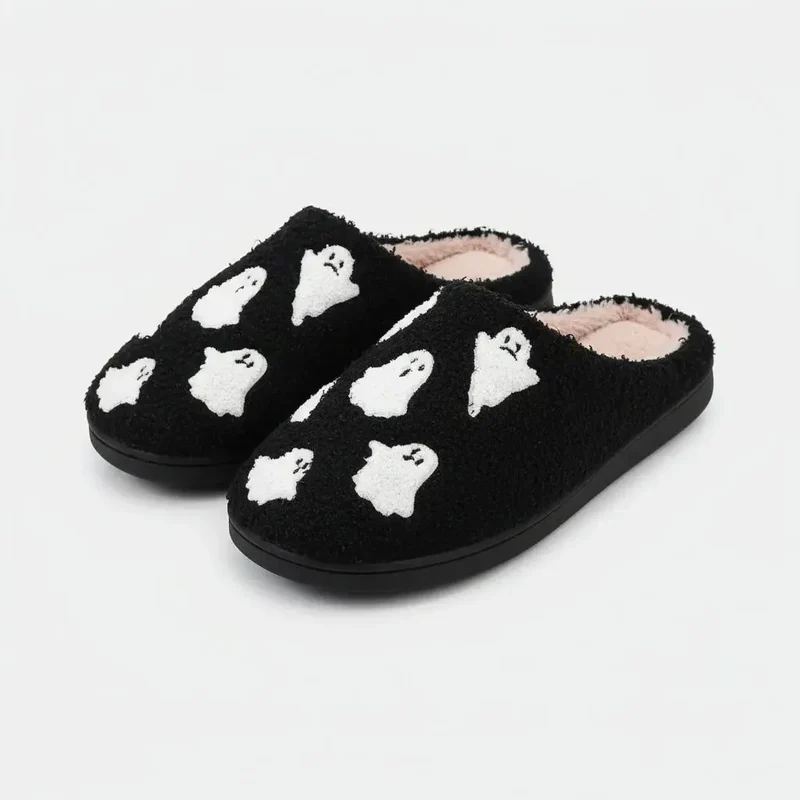 Chaussons moumoute Halloween fantôme noir