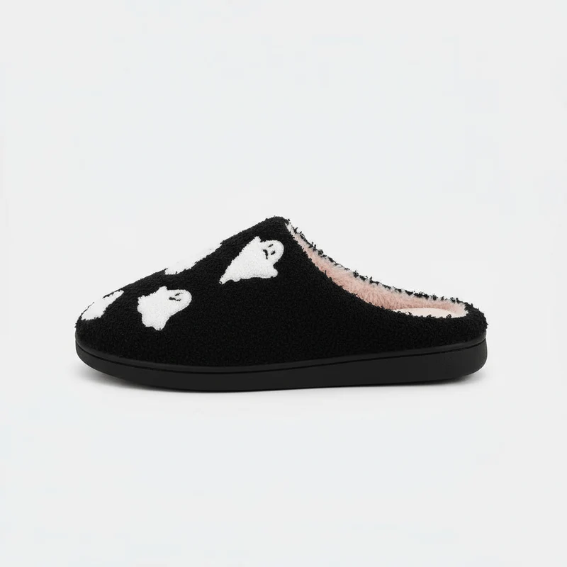Chaussons moumoute Halloween fantôme noir