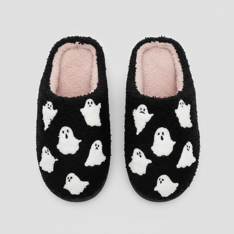 Chaussons moumoute Halloween fantôme noir