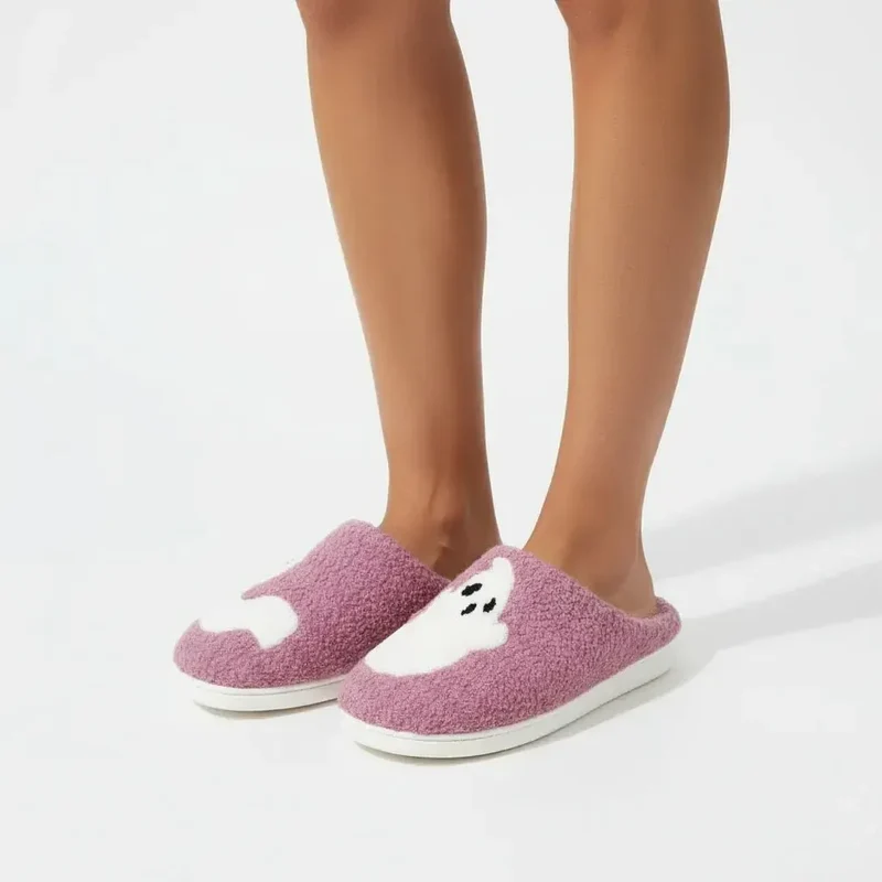 Chaussons moumoute Halloween fantôme rose