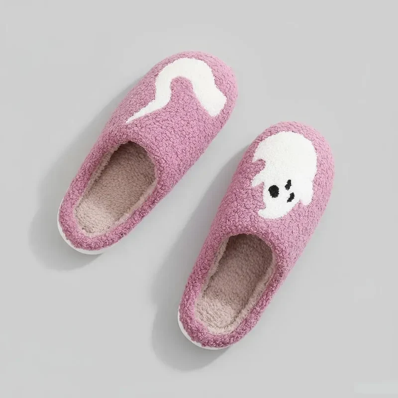Chaussons moumoute Halloween fantôme rose