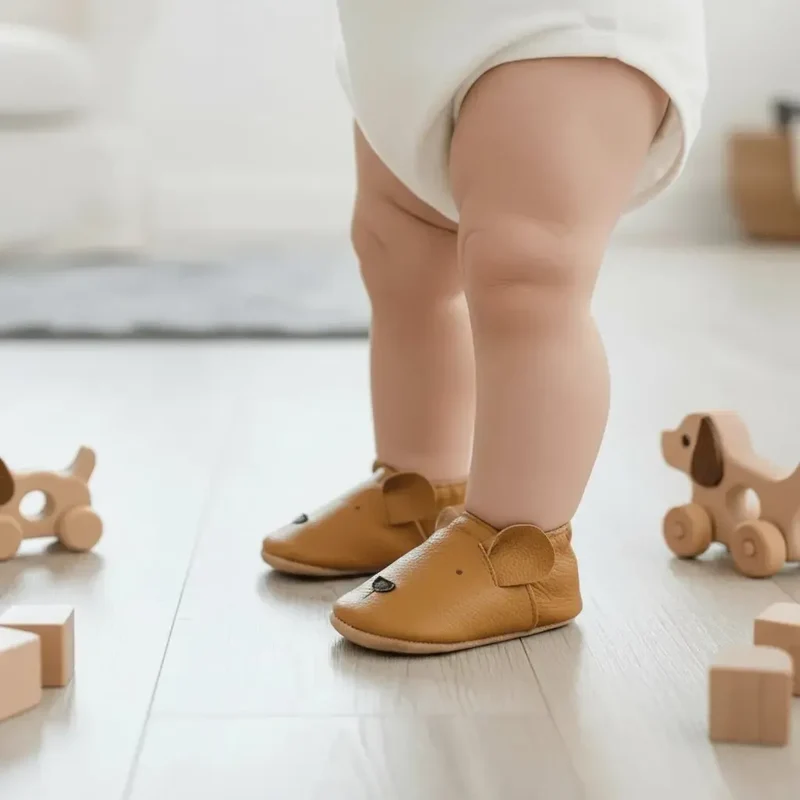 Chaussons Bébé en Cuir Antidérapants Chien