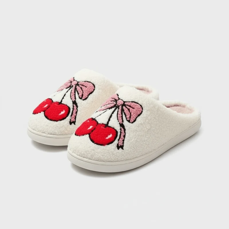 Chaussons moumoute cerise et ruban