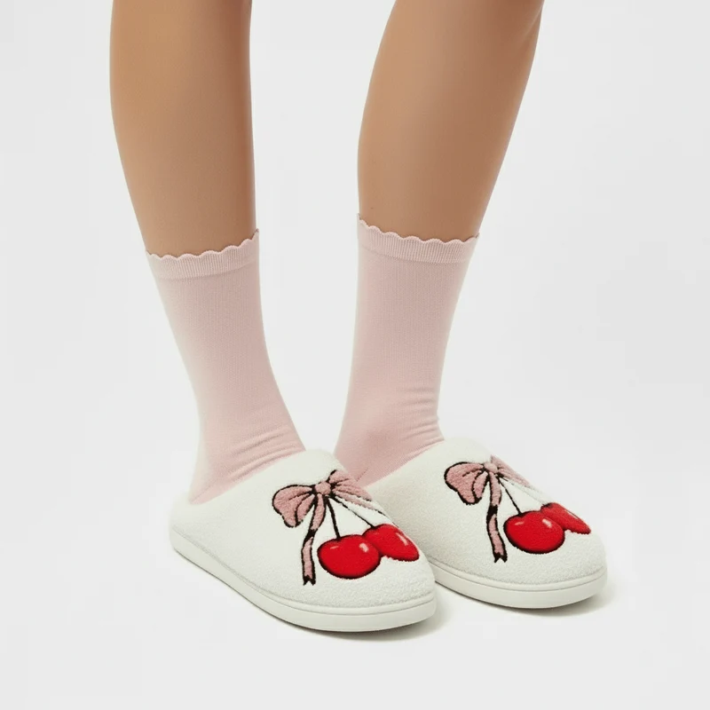 Chaussons moumoute cerise et ruban