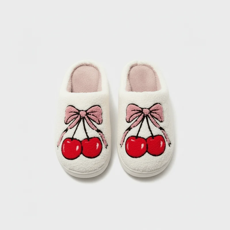 Chaussons moumoute cerise et ruban