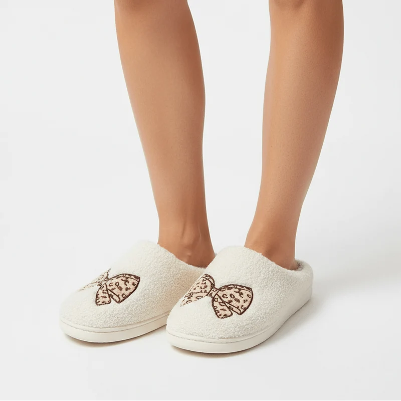 Chaussons moumoute noeud léopard
