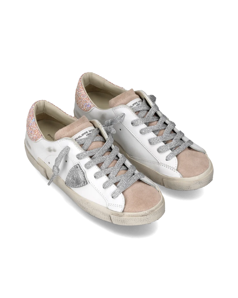 Sneakers Prsx Women with Glitter heel tab, White Pink Silver