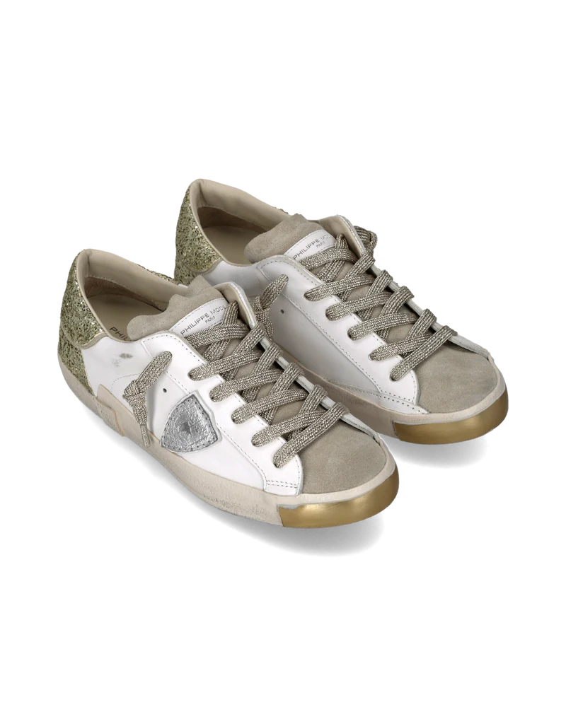 Sneakers Prsx Women with Glitter heel tab, White Gold