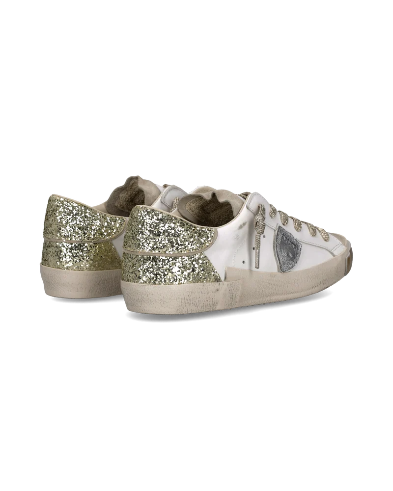 Sneakers Prsx Women with Glitter heel tab, White Gold