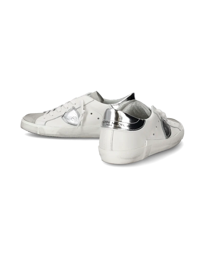 Women's Prsx Low-Top Sneakers in Leather with metallic touches, Silver White