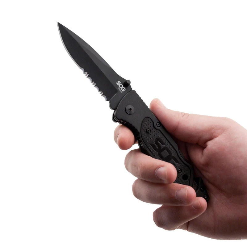 Couteau pliant SOG Escape acier 9Cr18MoV lame 83 mm revêtement TiNi coupe-lien